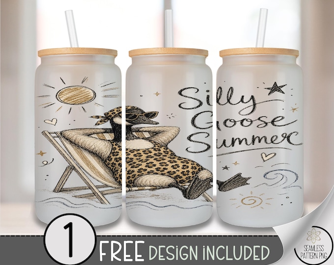 Silly Goose Glass Can Wrap, Seaside 16oz Glass Tumbler Sublimation Design, Retro PNG File, B10223