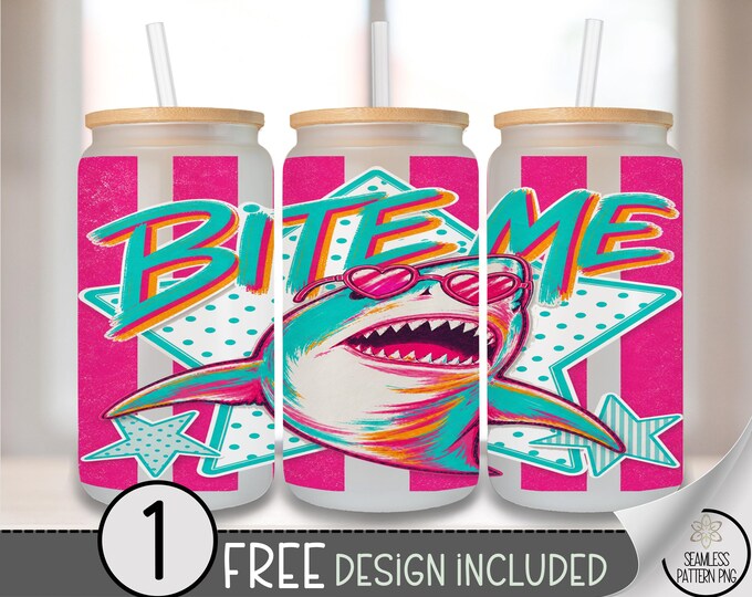 Shark Glass Can Wrap, Bite Me 16oz Glass Tumbler Sublimation Design, Retro 80s PNG File (Digital Download) B10271