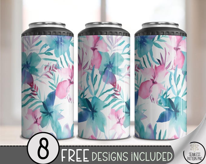 Tropical Floral 4-in-1 Can Cooler Wrap PNG, Watercolor Flower Wrap for 16 oz Sublimation, Summer Hibiscus Skinny Can Holder Design, A278