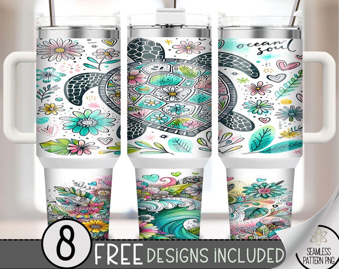 Sea Turtle Tumbler Wrap, Coast Ocean 40 Ounce Sublimation Design,40 oz Tropical Summer Beach Floral 40oz Quencher Tumbler PNG,Boho File A203