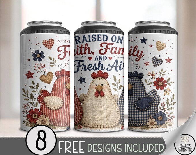 Faux Patchwork 4-in-1 Can Cooler Wrap, Farm Chicken Sublimation Design, Country Folk PNG, B10289