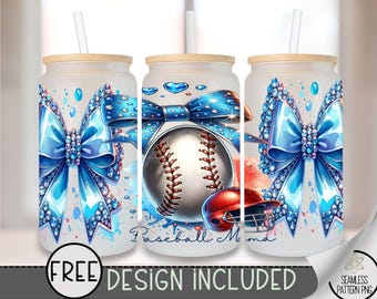Coquette Baseball Glass Can, Sports Sublimation Design, Rhinestone Baseball 16oz Can Wrap, Trendy Baseball Mama Glass Can Design, A172