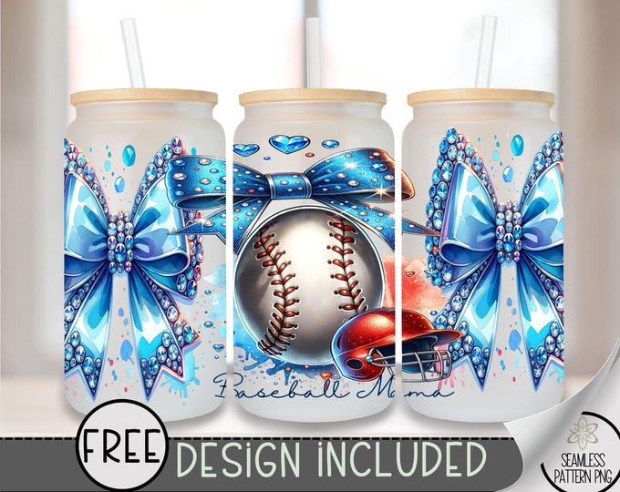 Coquette Baseball Glass Can, Sports Sublimation Design, Rhinestone Baseball 16oz Can Wrap, Trendy Baseball Mama Glass Can Design, A172
