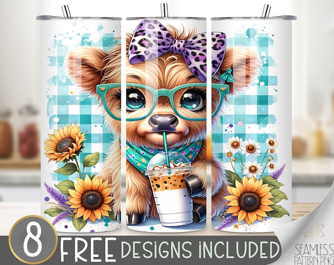 Highland Cow Tumbler Wrap Sunflower Tumbler Design, Checkered 20 oz Tumbler Sublimation Designs, Coffee Autumn Highland Cow Tumbler Design