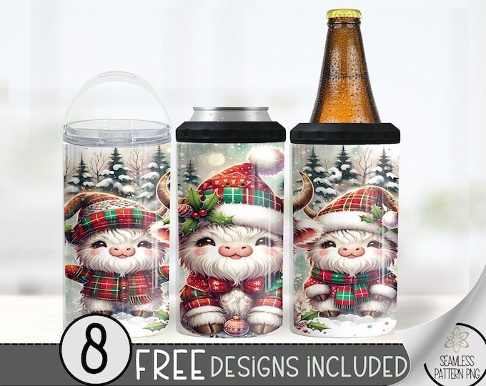 Christmas 4in1 Can Cooler Wrap, Cute Highland Cow 4 in 1 Tumbler PNG, Xmas 16 Oz Can Cooler Sublimation Design, Christmas Can Holder Wrap