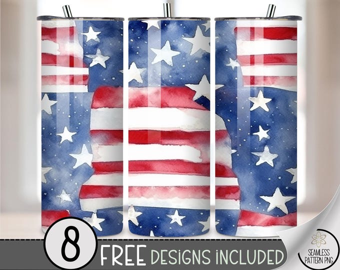 Watercolor American Flag 20 oz Skinny Tumbler Wrap PNG, Seamless Patriotic Red White Blue Stars Sublimation, Fourth of July USA Design, A299
