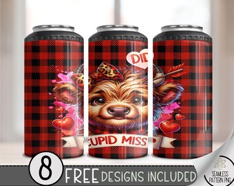 Highland Cow Valentines Day 4 in 1 Can Cooler Wrap, Cupid 4in1 Tumbler PNG, Vday 16 Oz Can Cooler Sublimation Design, Love Hard Can Cooler