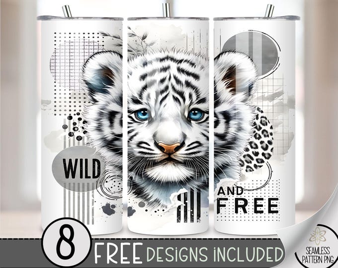 White Tiger Tumbler Wrap, 20oz Skinny Tumbler Sublimation Design, Cat Tumbler Wrap, Leopard Tumbler File, Cheetah Tumbler PNG, Big Cat PNG