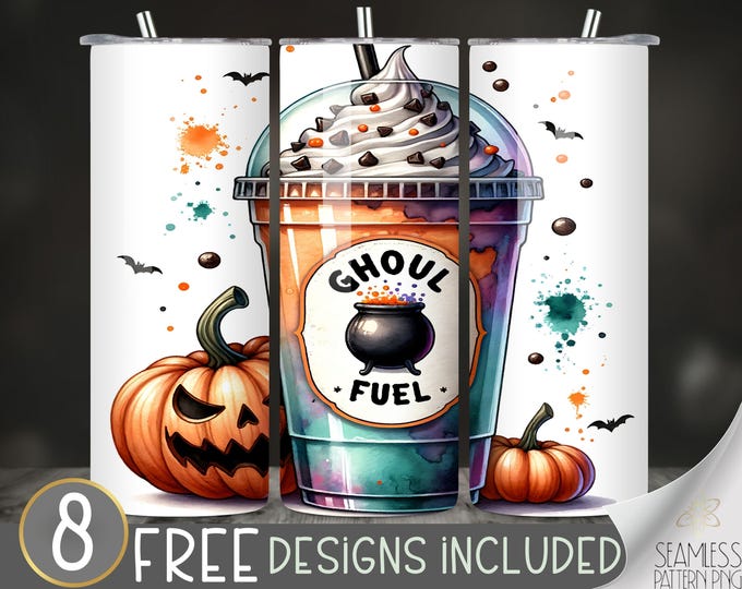 Halloween Coffee Tumbler Wrap, Ghoul Fuel Watercolor Hot Coffee Drink Tumbler Design, Spooky Season Tumbler File, Ghoul Tumbler Wrap PNG