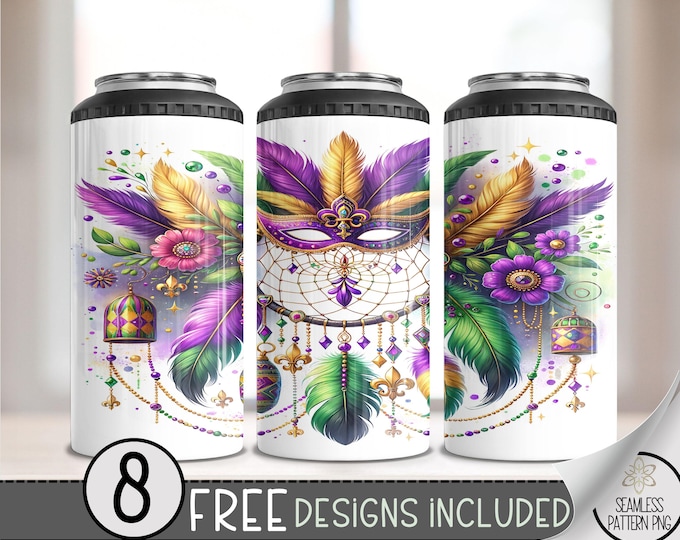 Mardi Gras Dreamcatcher 4 in 1 Can Cooler Wrap, Fleur de Lis 4 in 1 Tumbler PNG, Seamless Carnival Mask 16 Oz Can Cooler Sublimation Design