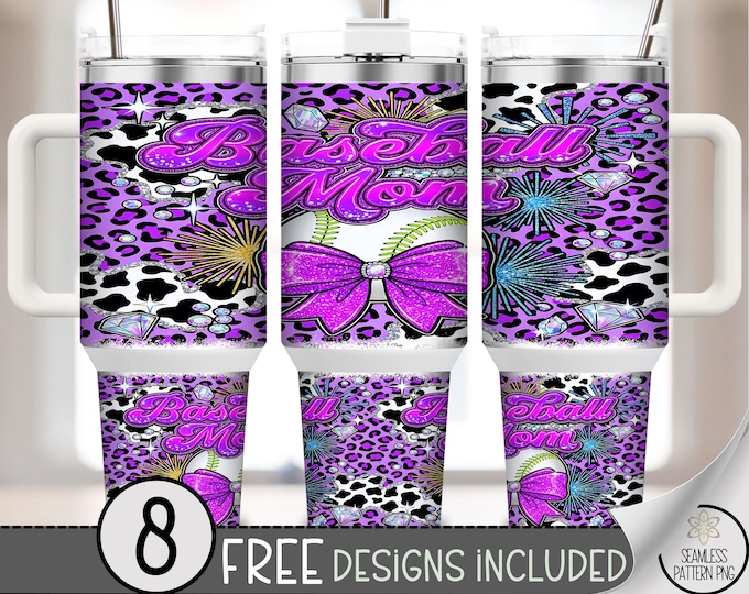Baseball Mom 40 oz Tumbler Wrap, Bow Glitter Sublimation Design, Glam Sporty PNG Files, Purple Leopard 40oz Tumbler Design, B10094