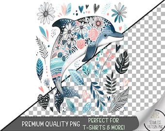 Dolphin PNG, Nautical Sublimation Designs, Fisherman Aesthetic Png, Beach Png, Summer Dolphin Design, Doodle Boho Floral Dolphin File A202