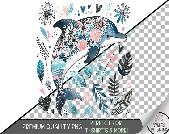 Dolphin PNG, Nautical Sublimation Designs, Fisherman Aesthetic Png, Beach Png, Summer Dolphin Design, Doodle Boho Floral Dolphin File A202