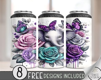 Elephant 4 in 1 Can Cooler Wrap, Jungle 4in1 Tumbler PNG, Safari 16 Oz Can Cooler Sublimation Design, Cute Butterfly Hard Can Design, A187
