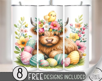 Highland Cow Easter Tumbler Wrap, Cute Chick Floral 20oz Skinny Tumbler Sublimation Design, Egg Easter Tumbler Wrap File PNG, Pastel Easter