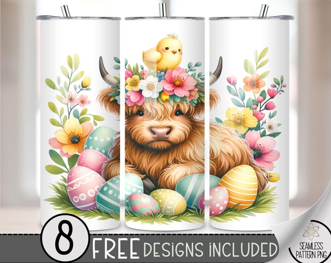 Highland Cow Easter Tumbler Wrap, Cute Chick Floral 20oz Skinny Tumbler Sublimation Design, Egg Easter Tumbler Wrap File PNG, Pastel Easter