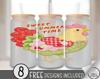 Faux Patchwork Hen Glass Can Wrap, Cottagecore 16oz Tumbler Sublimation Design, Cute Farmhouse PNG File, Digital Download, B10172