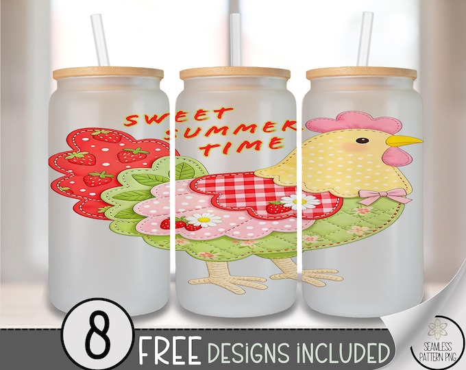 Faux Patchwork Hen Glass Can Wrap, Cottagecore 16oz Tumbler Sublimation Design, Cute Farmhouse PNG File, Digital Download, B10172