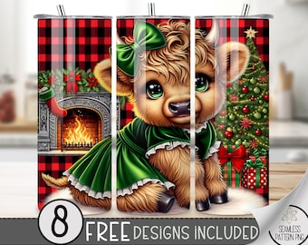 Cute Highland Cow Tumbler Wrap, Xmas 20oz Tumbler Sublimation Design, Christmas Rustic Country Tumbler, Red Buffalo Check Tumbler Wrap
