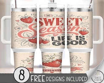 Sweet Season 40 oz Tumbler Wrap, Strawberries Sublimation Design, Rustic PNG Files, Vintage 40oz Tumbler Design, Digital Download, B10327