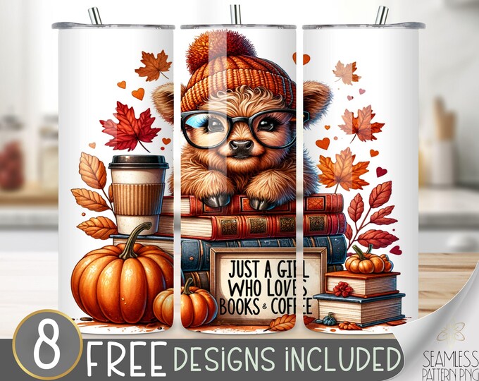 Just a girl who tumbler wrap, Autumn 20 oz sublimation tumbler design, cute highland cow tumbler file, Just a girl who loves books & coffee