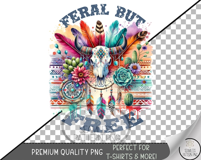 Feral But Free Boho Cow Skull Sublimation PNG, Southwestern Floral and Feather Aztec Design, Country Western Clipart for Apparel, A403