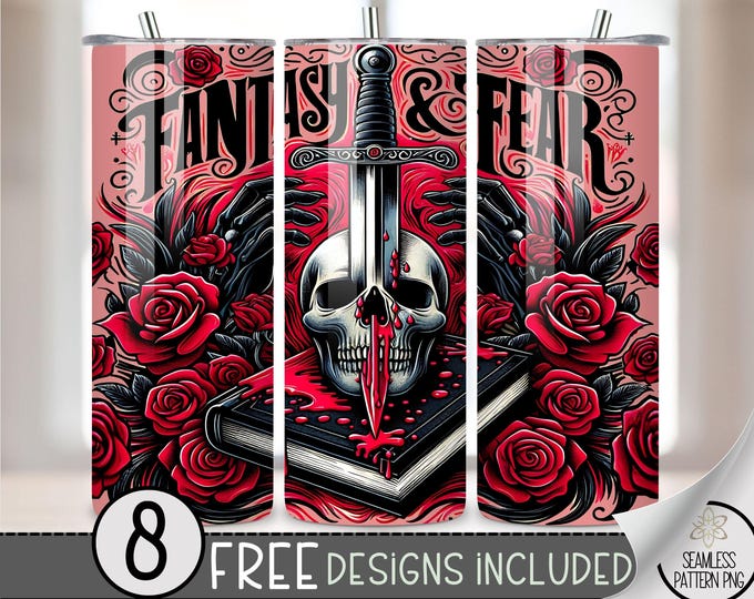 Fantasy Romance Tumbler Wrap, Skull Rose 20oz Skinny Tumbler Sublimation Design, Sword Tumbler Wrap File, Gothic Seamless Reading File
