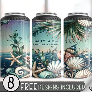 Op de afbeelding: Drie geïsoleerde blikjeskoelers met een kustontwerp. Elke koeler heeft een andere illustratie van schelpen, zeesterren en tropisch gebladerte tegen een blauwe en blauwgroene achtergrond. De tekst "Salty Air, Sand in my Hair" is zichtbaar.