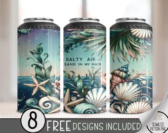 Beach 4 in 1 Can Cooler Wrap, Tropical Sublimation Design, Summer Beach 4in1 Tumbler PNG Download for Hard Can Wrap, Seashells & Palm, A120