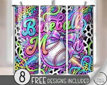 Baseball Mom 20 oz Tumbler Wrap, Sports Mom Sublimation Design for Straight Tumblers, Neon Glam Rhinestone PNG Files, B10054