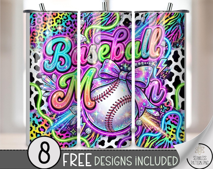 Baseball Mom 20 oz Tumbler Wrap, Sports Mom Sublimation Design for Straight Tumblers, Neon Glam Rhinestone PNG Files, B10054