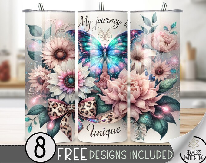 Butterfly Floral Tumbler Wrap, Glittery Flower Sublimation Design,Elegant Nature Tumbler File, Inspirational Sublimation PNG,Motivating Wrap