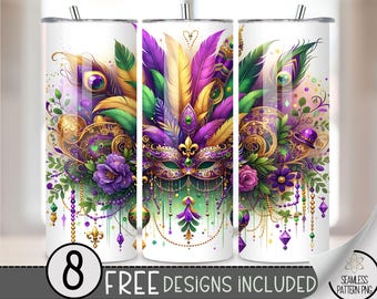 Mardi Gras Dreamcatcher Floral Tumbler Wrap, Feather Mask Sublimation Design PNG, Ethereal 20Oz Skinny Tumbler File, Mandala Tumbler PNG