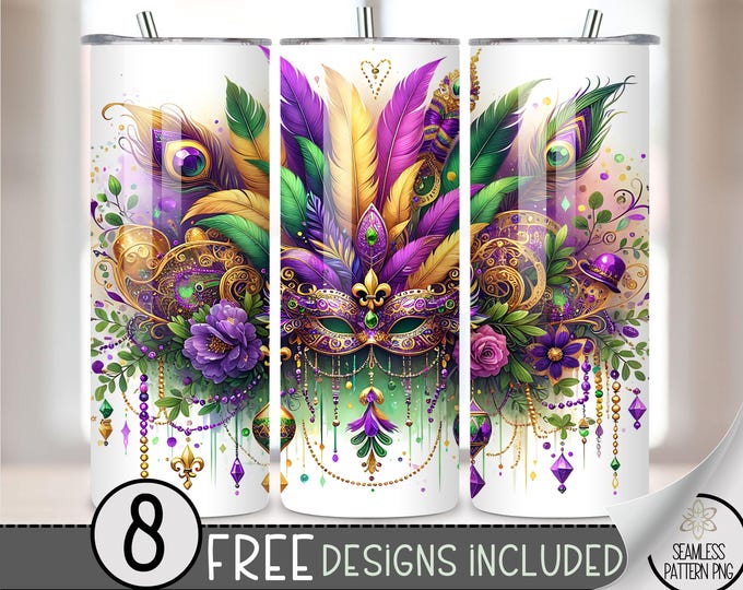 Mardi Gras Dreamcatcher Floral Tumbler Wrap, Feather Mask Sublimation Design PNG, Ethereal 20Oz Skinny Tumbler File, Mandala Tumbler PNG