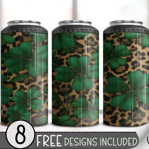 St Patrick's Day PNG, Lucky Clover Sublimation Design For 4-in-1 Can Cooler Wrap, Seamless Leopard Print File, B873 image 1