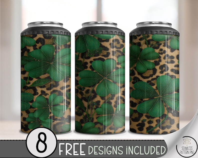 St Patrick's Day PNG, Lucky Clover Sublimation Design For 4-in-1 Can Cooler Wrap, Seamless Leopard Print File, B873 image 1