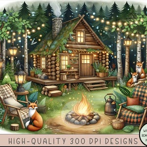 a painting of a cabin with a fire pit