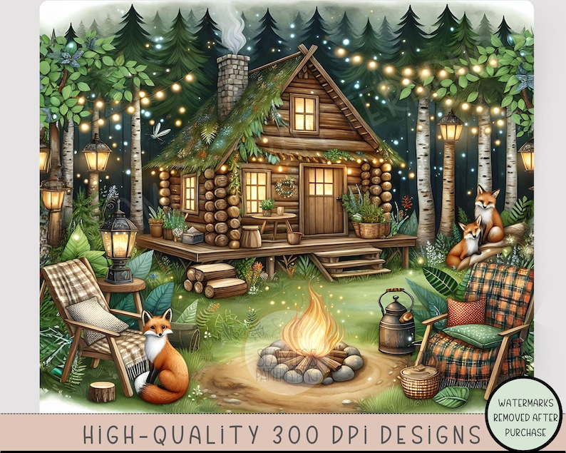 a painting of a cabin with a fire pit