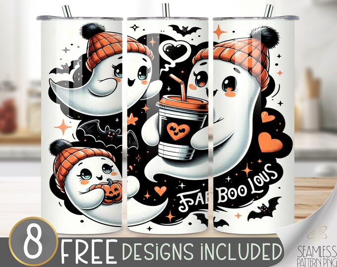 Cute Halloween Tumbler Wrap, Retro Halloween Tumbler Wrap, Autumn Ghost Coffee 20oz Skinny Tumbler Sublimation, Cute Ghost Tumbler PNG, Boo