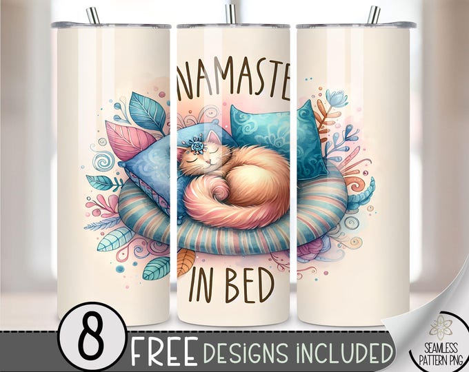 Watercolor Cozy Cat Self Care Tumbler Wrap Design,Meditation PNG, Selfcare Affirmation 20 Oz Tumbler Wrap,20Oz Funny Namaste Sublimation PNG