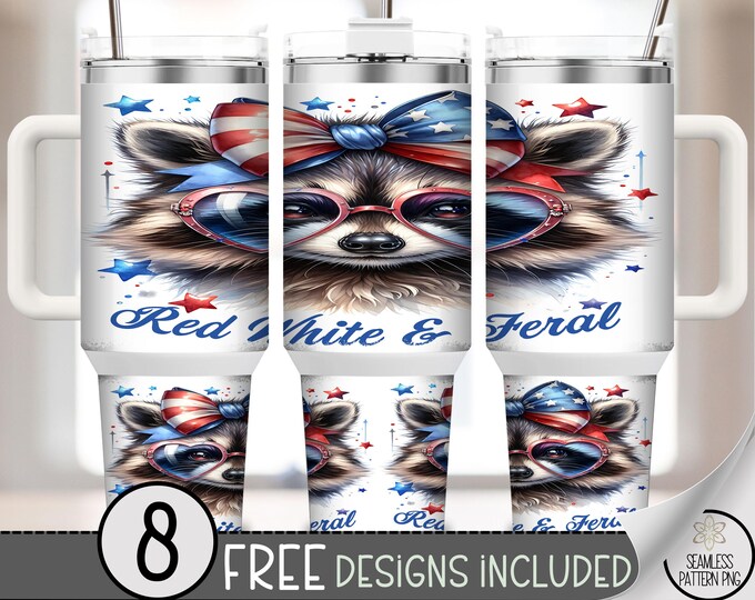 Red White & Feral 40 oz Tumbler Wrap PNG, Patriotic Raccoon in Glasses and Flag Bow, Funny Fourth of July Animal Sublimation Design, A296