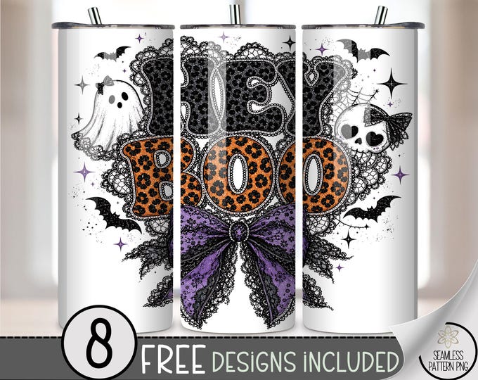 Halloween "HEY BOO" 20 oz Tumbler Wrap, Spooky Sublimation Design for Tumblers, Stylish PNG File, B10195