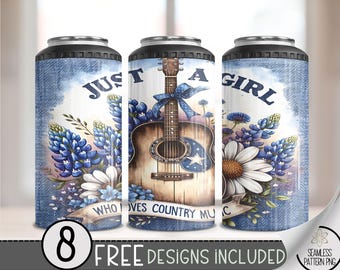 Just A Girl Who Loves Country Music 4 in 1 Can Cooler Wrap,Western Sublimation Design,Cowgirl 4in1 Tumbler PNG,Country Girl 16 Oz Can Cooler