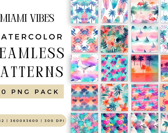 Digital Watercolor Miami Vibes Seamless Pattern PNG Bundle, Summer Surfboard Flamingo Craft Sublimation File, Repeating Pack Commercial