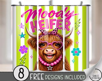 Funny Highland Cow 20 oz Tumbler Wrap, Moody Heifer Sublimation Design for Straight Tumblers, Fun PNG File, Digital Download, B10319