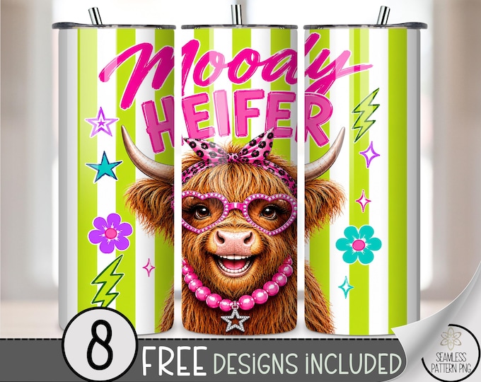 Funny Highland Cow 20 oz Tumbler Wrap, Moody Heifer Sublimation Design for Straight Tumblers, Fun PNG File, Digital Download, B10319