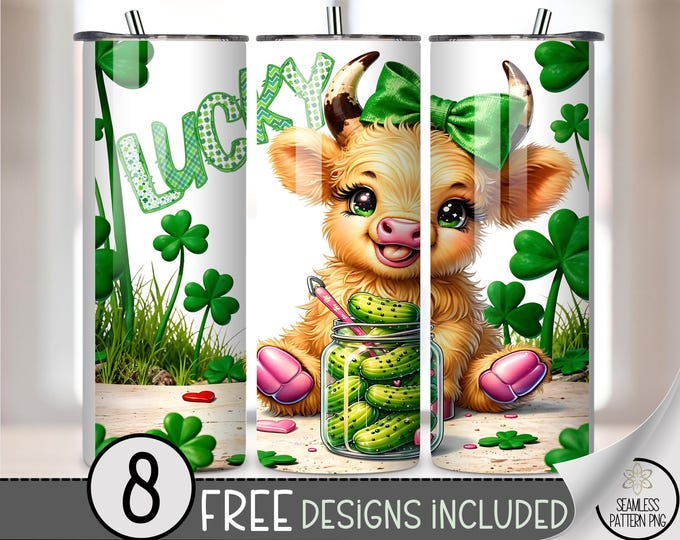 Lucky Shamrock PNG 20 oz Tumbler Wrap PNG, St Patricks Day Highland Cow Sublimation Design, A816