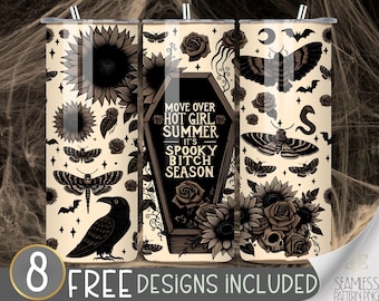 Halloween Horror Tumbler Wrap Hot Girl Summer PNG 20 oz Skinny Sublimation Spooky Btch Season Digital Design, Trendy Black Goth PNG