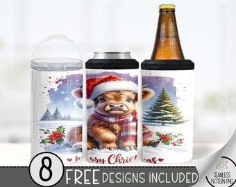 Highland Cow Christmas Hard Can Cooler Design, Xmas 16oz Slim Can Cooler PNG, Holiday 4in1 Can Cooler Tumbler Wrap, Merry Stubby Can Wrap
