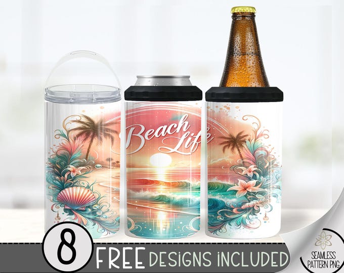 Beach Life 4in1 Can Cooler Wrap, Floral 4 in 1 Tumbler PNG, Ocean 16 Oz Can Cooler Sublimation Design File, Cute Vacation Seamless Wrap